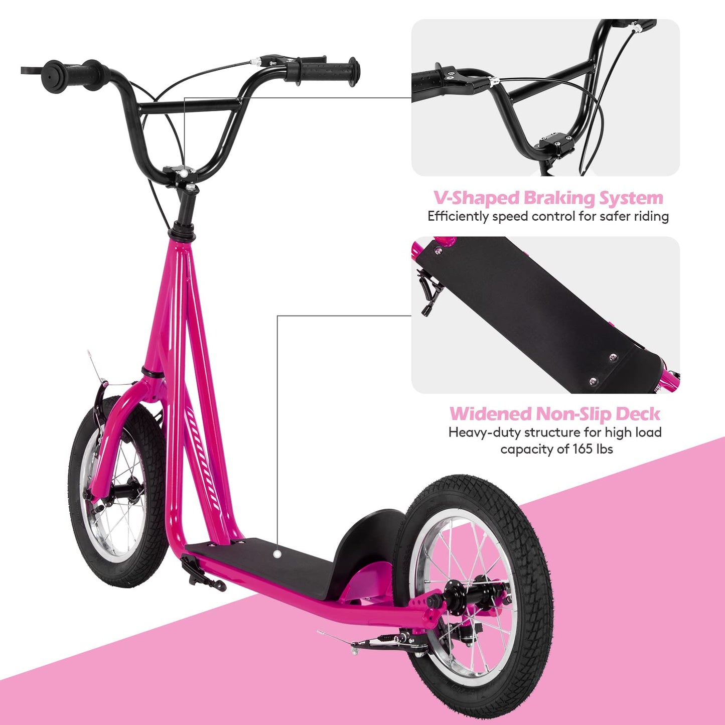 Goplus Youth Kick Scooter, Kick Scooter W/ 12-Inch Air Filled Wheels, Carbon Steel Frame, Adjustable Handlebar, Front and Rear Dual Brakes, Ride On Toys for Adults Teens (Pink)