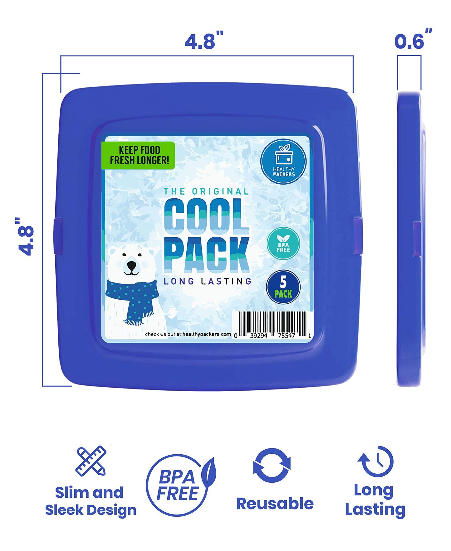 Healthy Packers® Reusable Ice Packs for Lunch Boxes Kids and Adults | Long‑Lasting Thin Freezer Packs for Coolers, Bento Boxes, Lunch Bags, Travel, School Meals, and Meal Prep (5-Pack | Square)