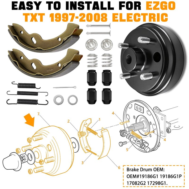 LEAPGOMAX EZGO Brake Drum Maintenance Kit for 1997-2008 Electric EZGO TXT with Golf Cart Brake Hub Drums & Brake Shoes & Brake Spring Kit OEM# 19186G1, 70794G01, 70795G01 (NOT Fit Gas Models)
