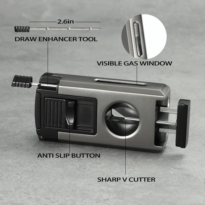 All in One Jet Flame Butane Torch Lighter Built-in Cutter V Cut, Punch, Holder Function, Draw Enhancer Tool, Refillable and Adjustable Windproof Gas Lighter, Black and Grey (Sold Without Gas)