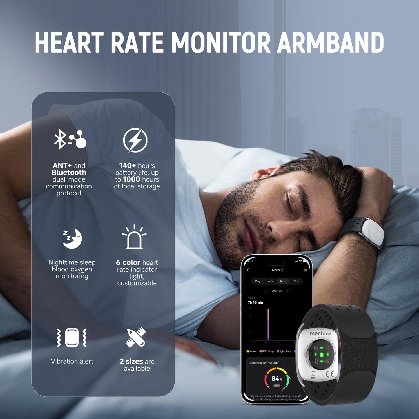 ANT+ Bluetooth Heart Rate Monitor, Portable Arm Heart Rate Monitor, 140 Hours Battery Life, Real Time Monitoring, Custom Interval, Waterproof, Use for Running Cycling Gym, ect (Long)