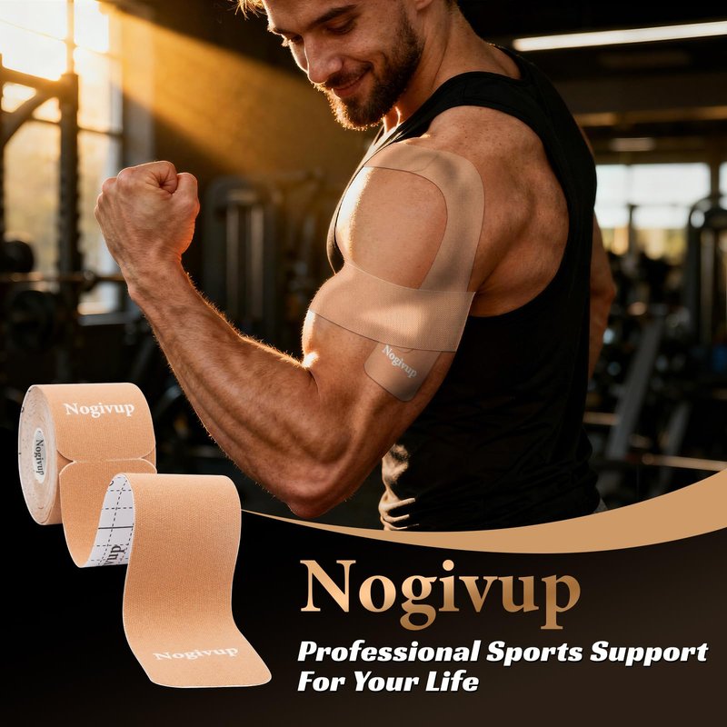 Nogivup Kinesiology Tape – 2 Rolls Latex-Free Cotton Precut Strips, Elastic Waterproof Athletic Sports Tape for Muscle & Joint Pain Relief & Support (Beige, 2" Wide)
