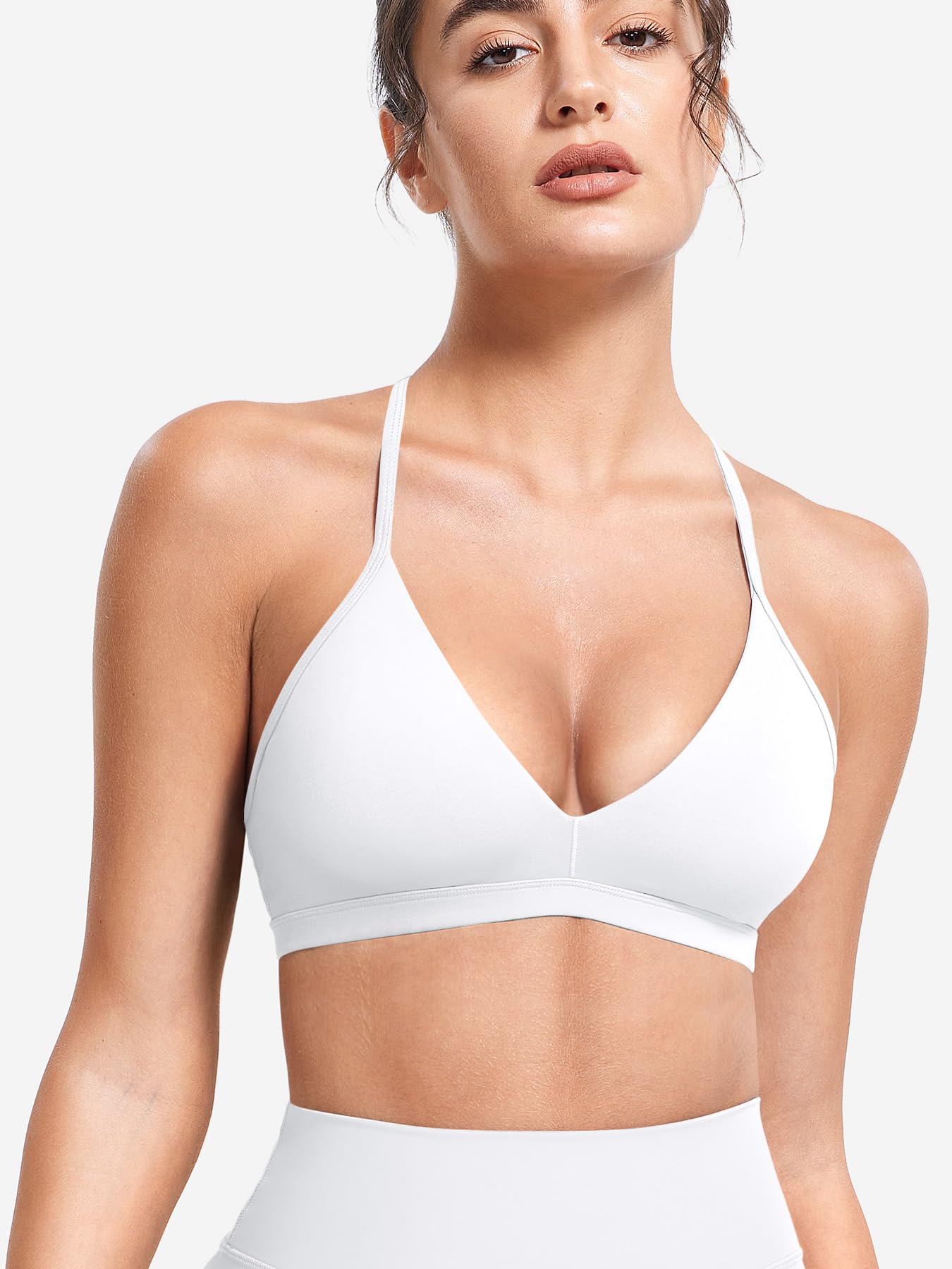 YEOREO CoreFlex Sports Bras for Women Strappy Padded Halter Open Back Light Impact Deep V Neck Yoga Workout Gym Tops White S