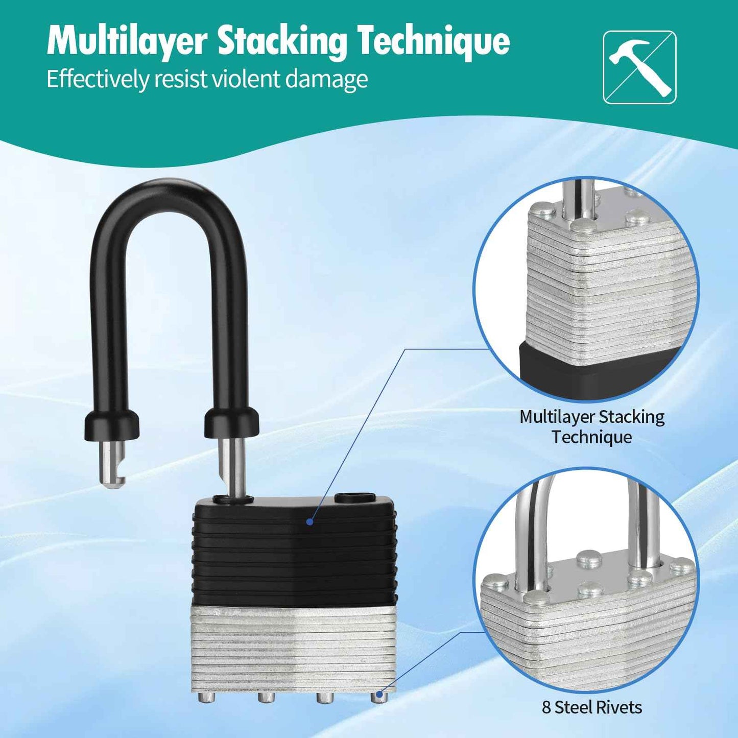 HOX 4-Pack Weather Resistant Padlocks – 40mm Laminated Steel, Chrome Plated with 2-inch Shackle, Vinyl Wrapped, Hardened Steel for Extra Security