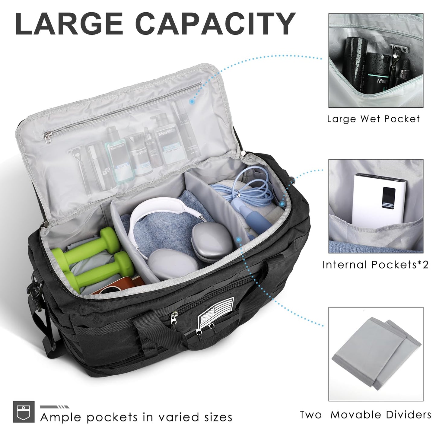 Gym Bag for Men Women, Carry on Luggage 22x14x9 Airline Approved, Tactical Travel Duffle Bag with Toiletry Bag and Shoe Compartment, Weekender Overnight with Wet Pocket for Workout, Black
