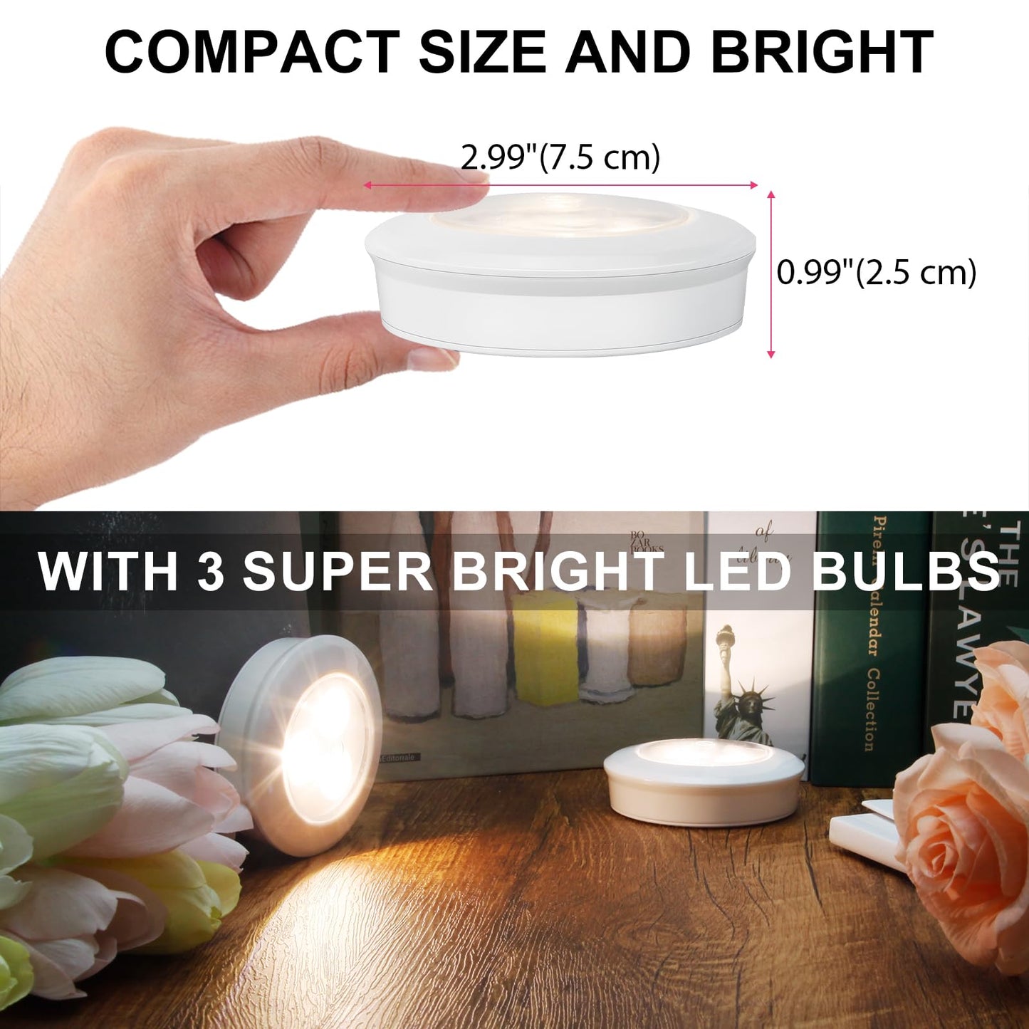 LUXSWAY LED Puck Light, Ultra-Thin Touch Light, Battery Operated, Tap Lights, 60 Lumens, Stick on Lights, Under Cabinet Lighting, Ideal for Kitchen Cabinets, Closets, Garage and More, 3-Pack, White