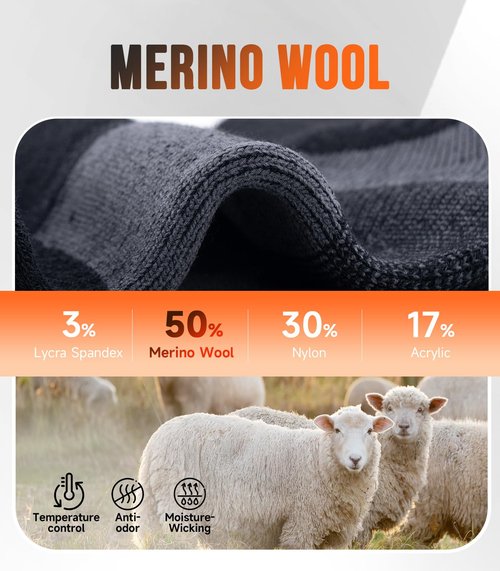 PULIOU Merino Wool Hiking Socks for Men & Women, 3 Pairs Cushioned Moisture Wicking Crew Socks, Breathable Lightweight Boot Socks for Hiking, Camping, Outdoor Activities-L