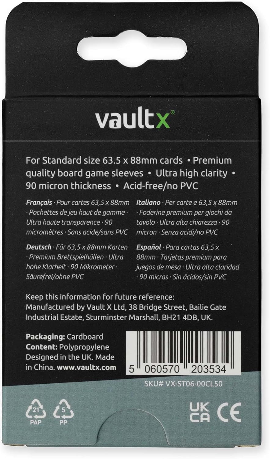 Vault X Standard Board Game Sleeves - Premium Clear Protection for Standard Cards | 65.5 x 91mm (50 Pack)