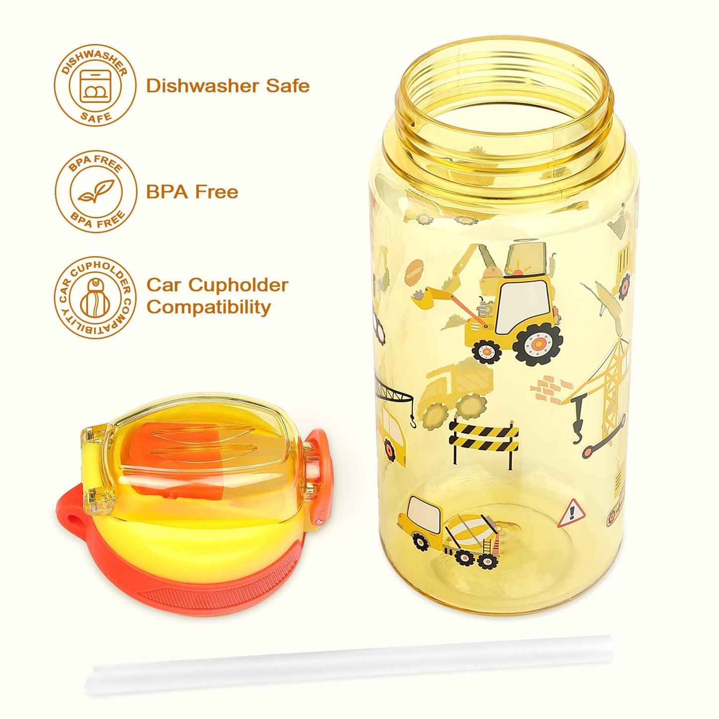 wooshwa Kids Water Bottle for School or Travel, 20 Oz Durable Plastic Water Bottle with Silicone Straw and Pop-Up Spout Cover, BPA Free & Dishwasher Safe(Excavator)