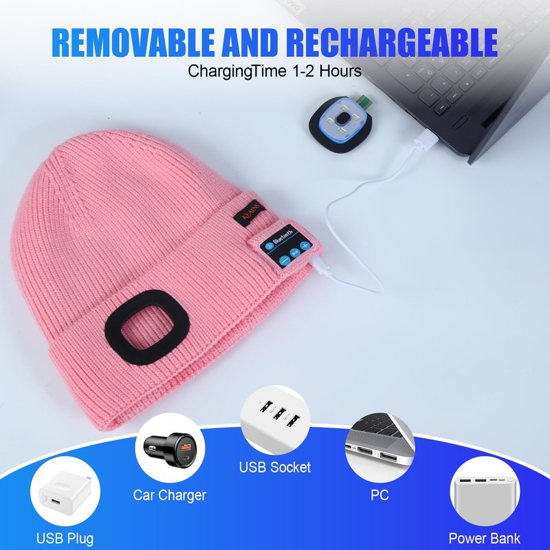 Bluetooth Beanie Hat with Led Light,Fleece Lined Winter Warm Hat with Wireless Music Headphones and Built-in Speaker Mic,Gifts for Men Women Black
