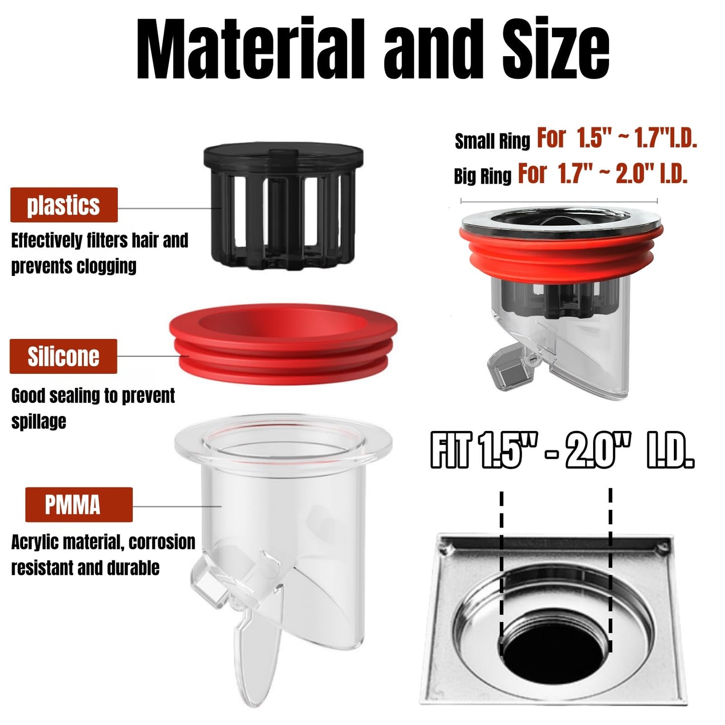 COLDDD Odor Proof Floor Drain, Shower Drain Plus, Anti-Odor, Prevent Backflow, Prevent Odor Dispersion in Bathrooms, and Kitchens (Fit 1.5''-2.0'' Caliber) (1)