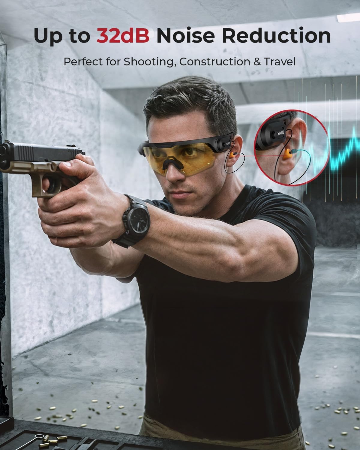 ONNAIS Shooting Glasses with Earplugs - ANSI Z87.1+ Safety Glasses with Detachable NRR 32dB Earplugs, Gifts for Men and Women