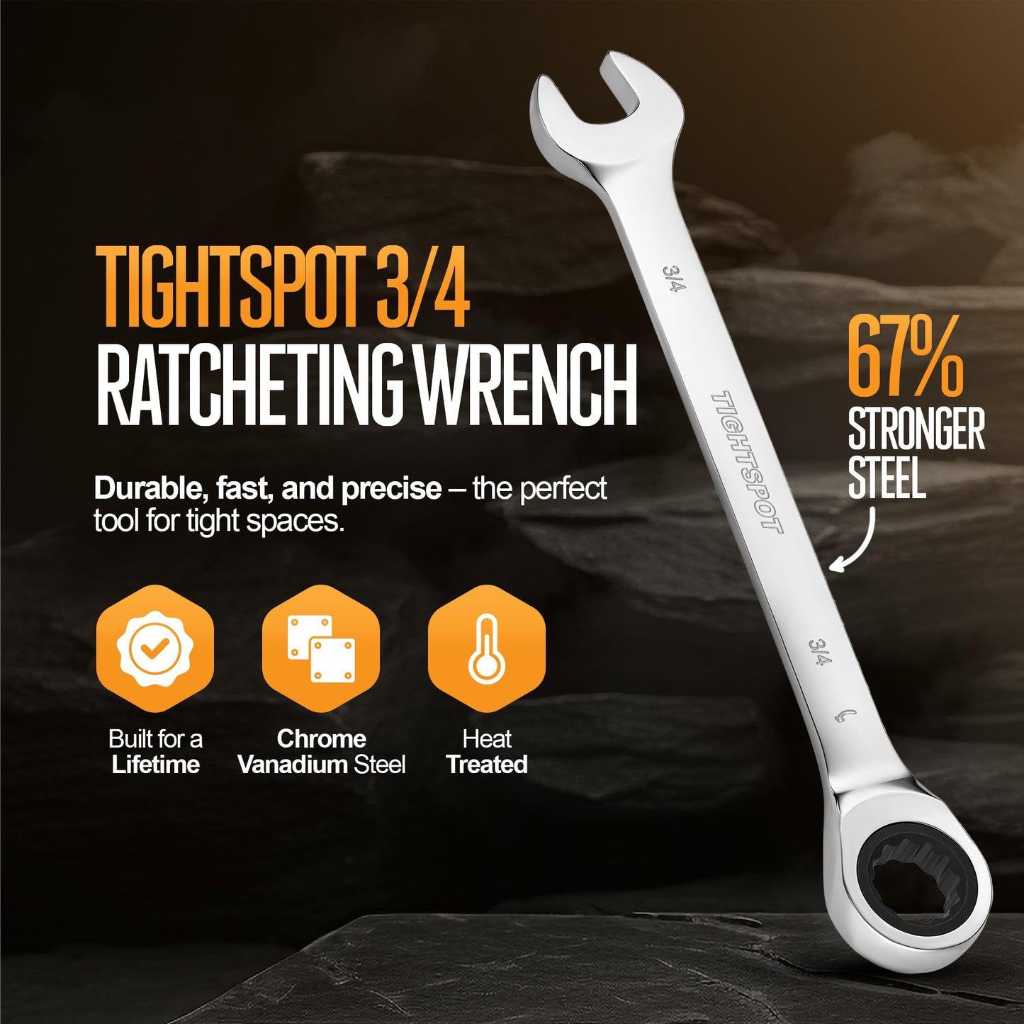 TIGHTSPOT 3/4 Inch Ratchet Wrench with Precision Movement and Hardened, Polished Steel for Projects with SAE Tight Spaces