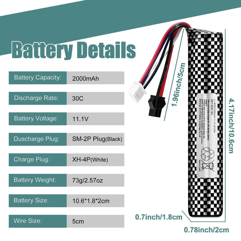 Skywolfeye Airsoft Battery 11.1V 2000mAh SM2P Plug with USB Charger for Airsoft Gel Water Bead Blaster Rechargeable Batteries Hobby Remote & App Controlled Vehicle Batteries (2Pack)
