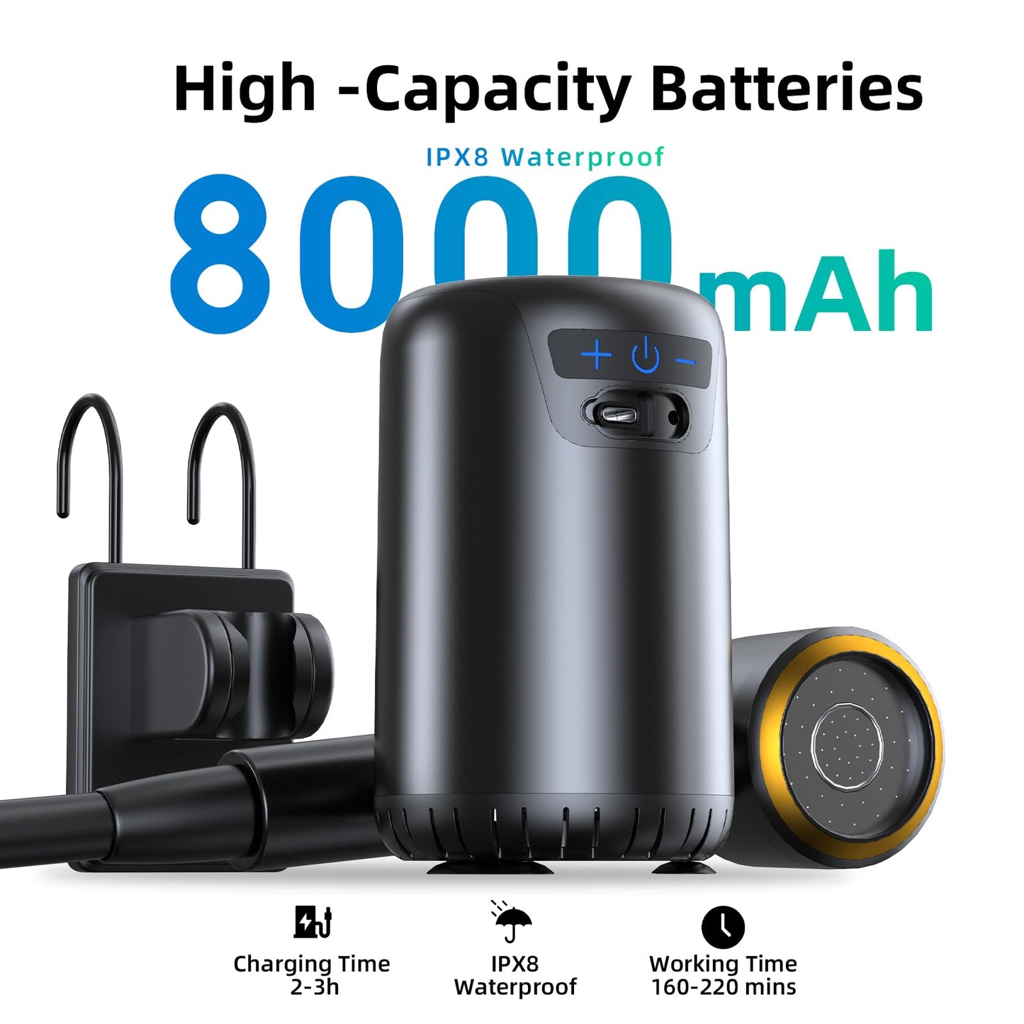 Portable Shower for Camping,8000mAh Rechargeable 160~220 Minutes Long-Runtime Camping Shower Pump with 10 Spray Modes,Fahrenheit Display, IPX8 Waterproof Outdoor Camp Pump for Hiking, Travel, Car, Pet
