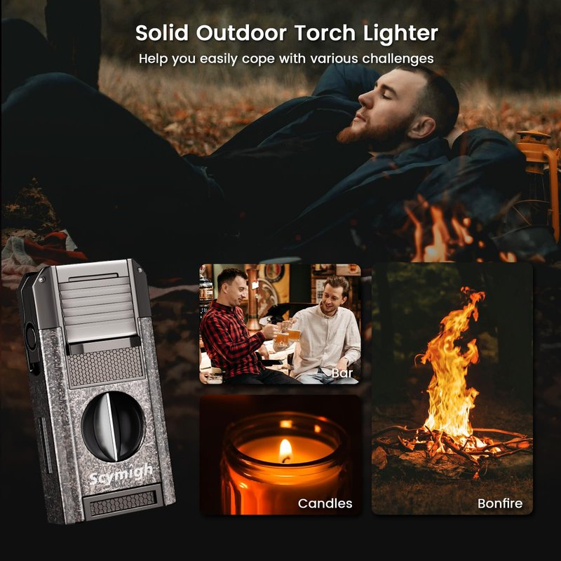 5-in-1 Torch Lighter with Cutter, Punch and Draw Enhancer Tool, Dual Jet Windproof Flame Butane Lighter, Refillable Gift Set for Men, Candle, Outdoor and Travel