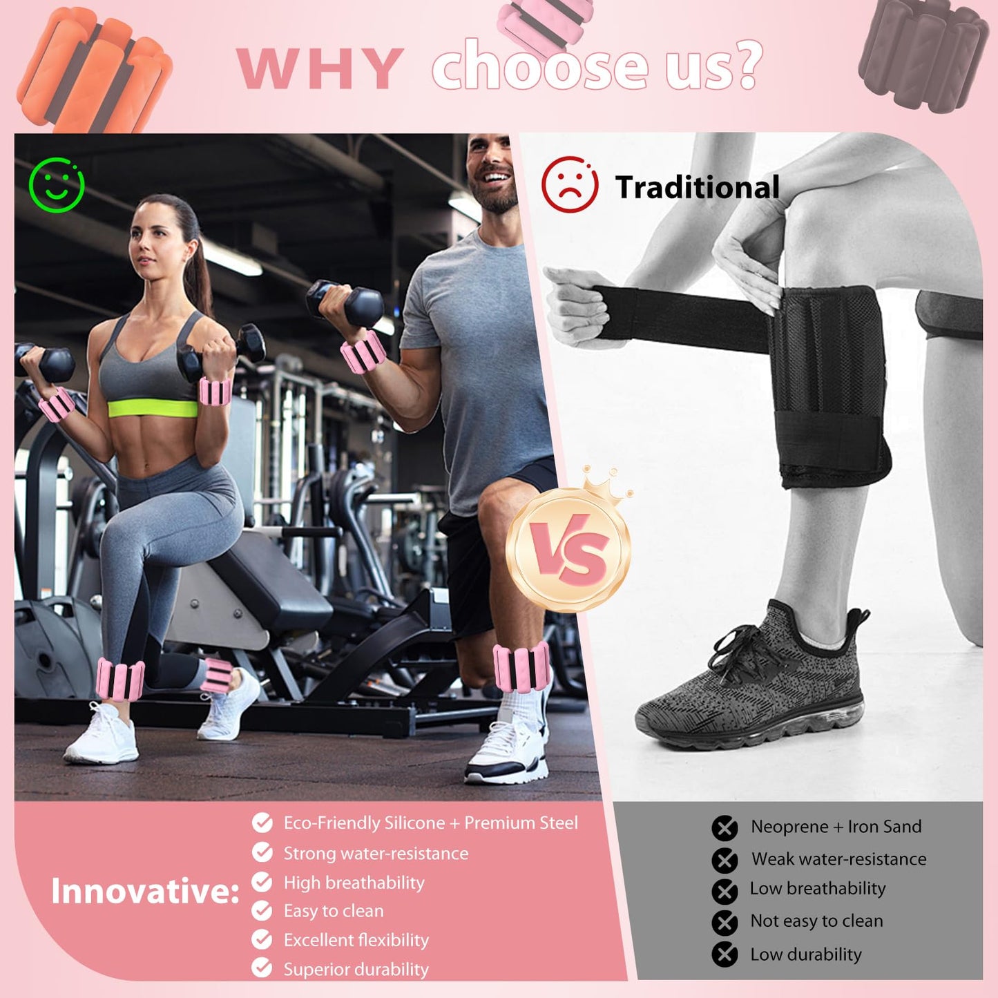 Wrist and Ankle Weights for Women&Men - Adjustable Pilates Weighted Bangles, 2 lbs Weighted Arm Bands Foot Leg Weights for Walking, Yoga, Training, Exercise, Running, Set of 2 (1LB Each) (Pink)