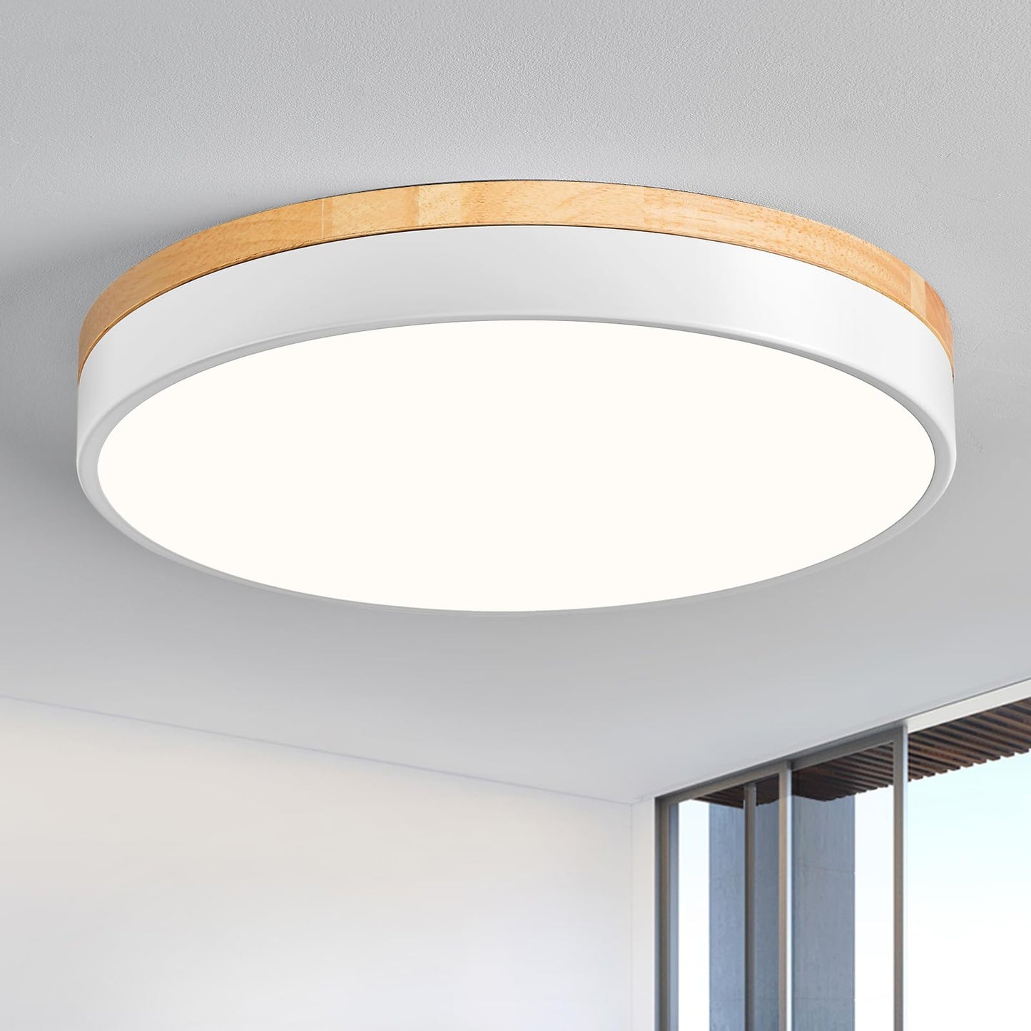 Modern LED Ceiling Light, Dimmable Wood Flush Mount Ceiling Lighting Fixture, 5CCT Round Wood Close to Ceiling Lamp for Kitchen Hallway Bathroom Office Laundry Room Entryway Nursery(White& 15.75 in)