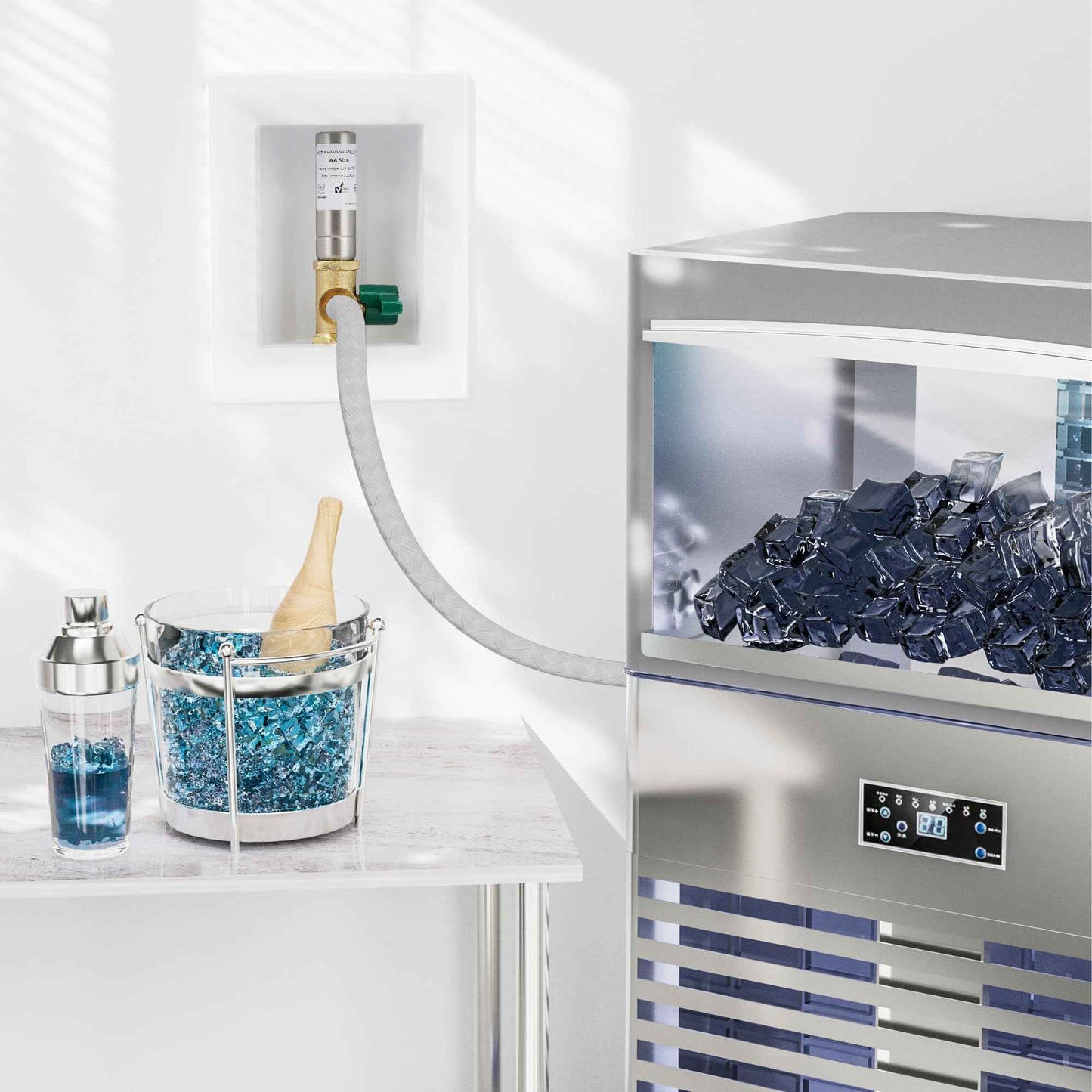 SECKWHALE Ice Maker Outlet Box with Water Hammer Arrestor, 1/2-Inch Press x 1/4-Inch OD Compression with 1/4-Turn Ball Valve, Ice Maker Valve Wall Box with Faucet, Absorb Shock and Reduce Noise