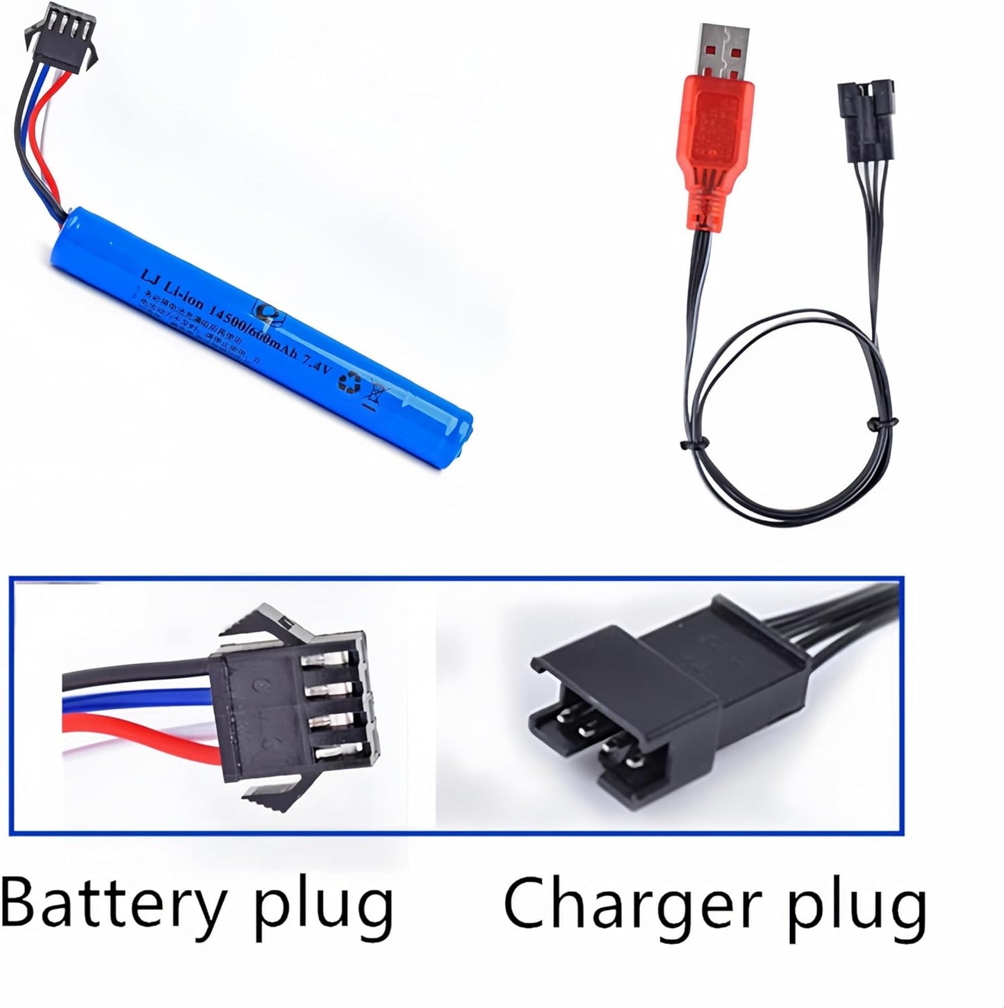 7.4V 600mAh Li-ion Battery by [Brand Name] - SM-4P Plug & USB Charger for Airsoft Guns