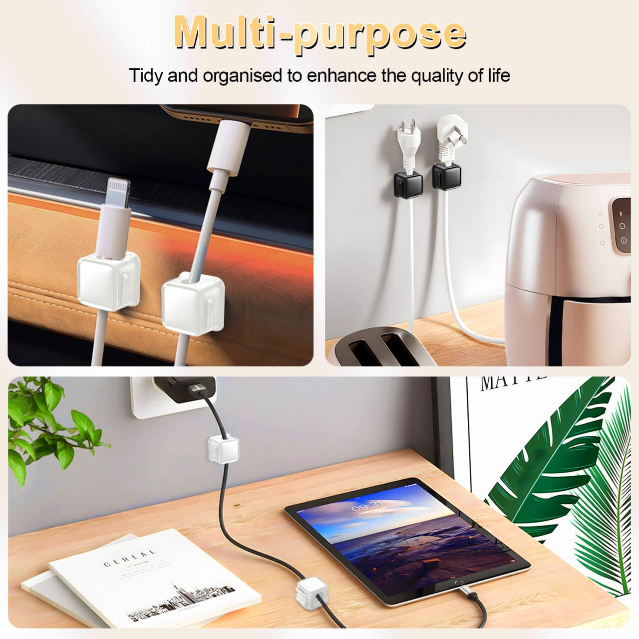 18 Pack Cord Organizer Holder, Magnetic Cable Clips Management, Easy Adhesive Phone Charging Cable Keeper, Hide Or Organize Desk Cable for Kitchen, Office, Car, Nightstand（White and Black）