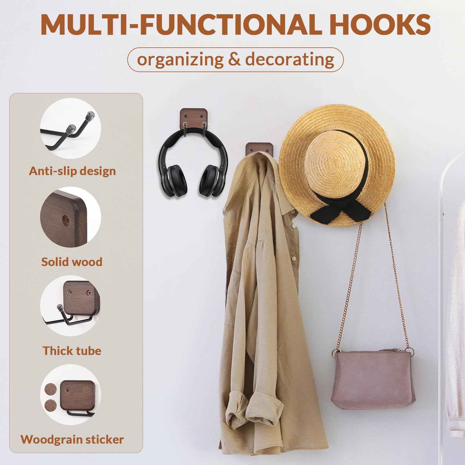 Qiannhee Solid Wood Wall Mount Hat Rack, 4-Tier Rotating Cowboy Hat Organizer with 2 Extended Hooks, Adjustable Width Metal Hanger for Baseball Caps, Coat, Jacket, Key, Decor Entryway, Bedroom(Brown)