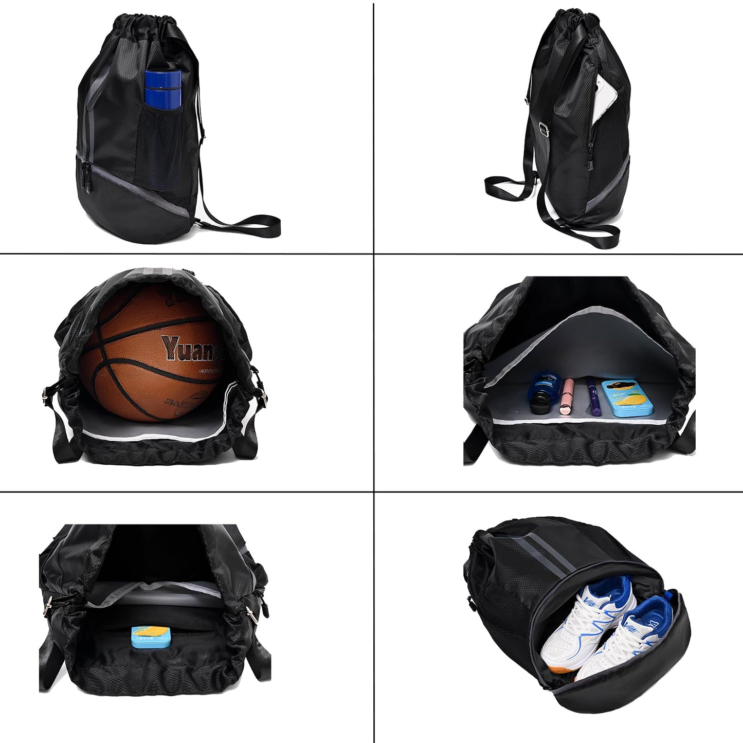 LOKAPEGY Drawstring Gym Bag for Men, Waterproof Drawstring Backpack for Women, Swim with Shoes Compartment, Pull String Sport Bag for Soccer and Basketball. (Grey)