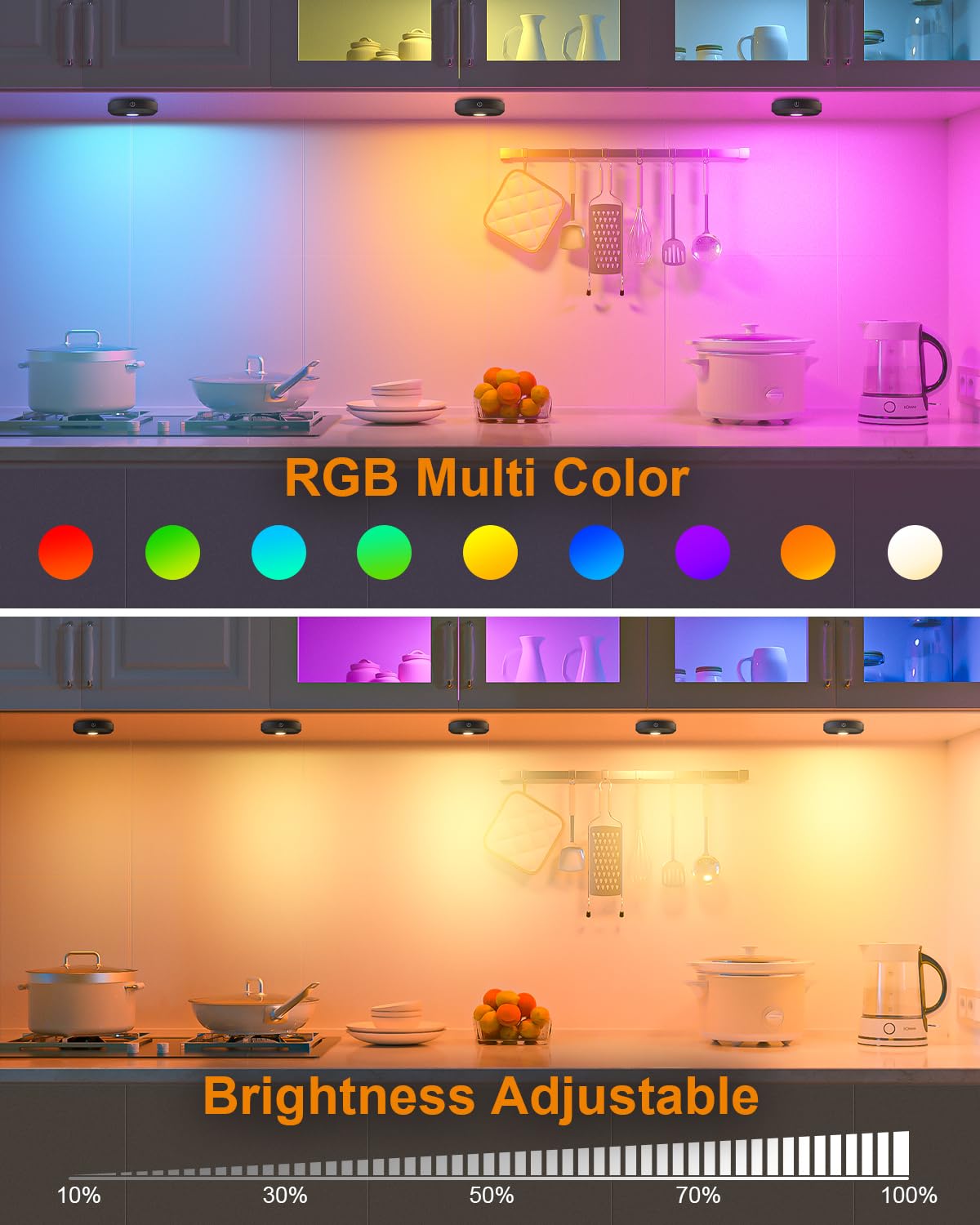 WILLED RGB Under Cabinet Lights,Rechargeable Puck Lights with Remote Control, Wireless Push Light with Timer Function,Dimmable LED Touch Tap Light for Kitchen,Cabinet,Closet, Counter,3 Pack