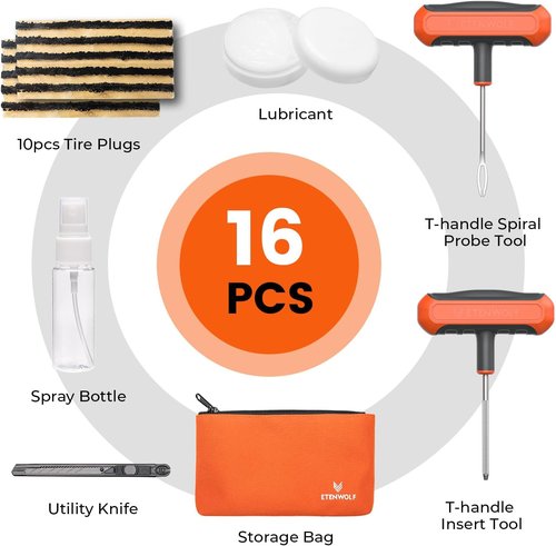 ETENWOLF Heavy Duty Tire Repair Kit - 16 Pcs Plug Set for Cars, Motorcycles, ATVs & Trucks | Vivid Orange