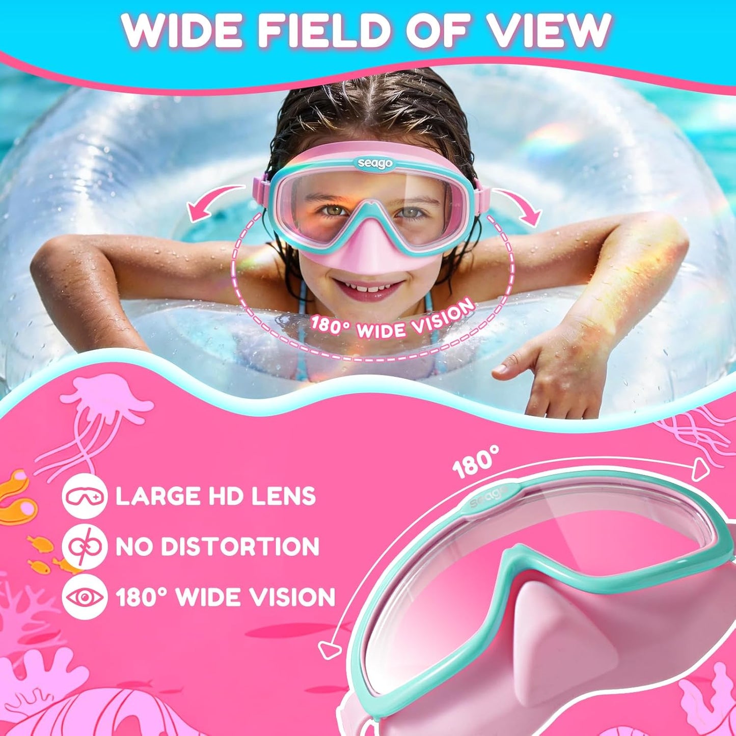 Seago Kids Swim Goggles - Anti-Fog Clear View for Ages 3-12 | 2-Pack with Nose Cover