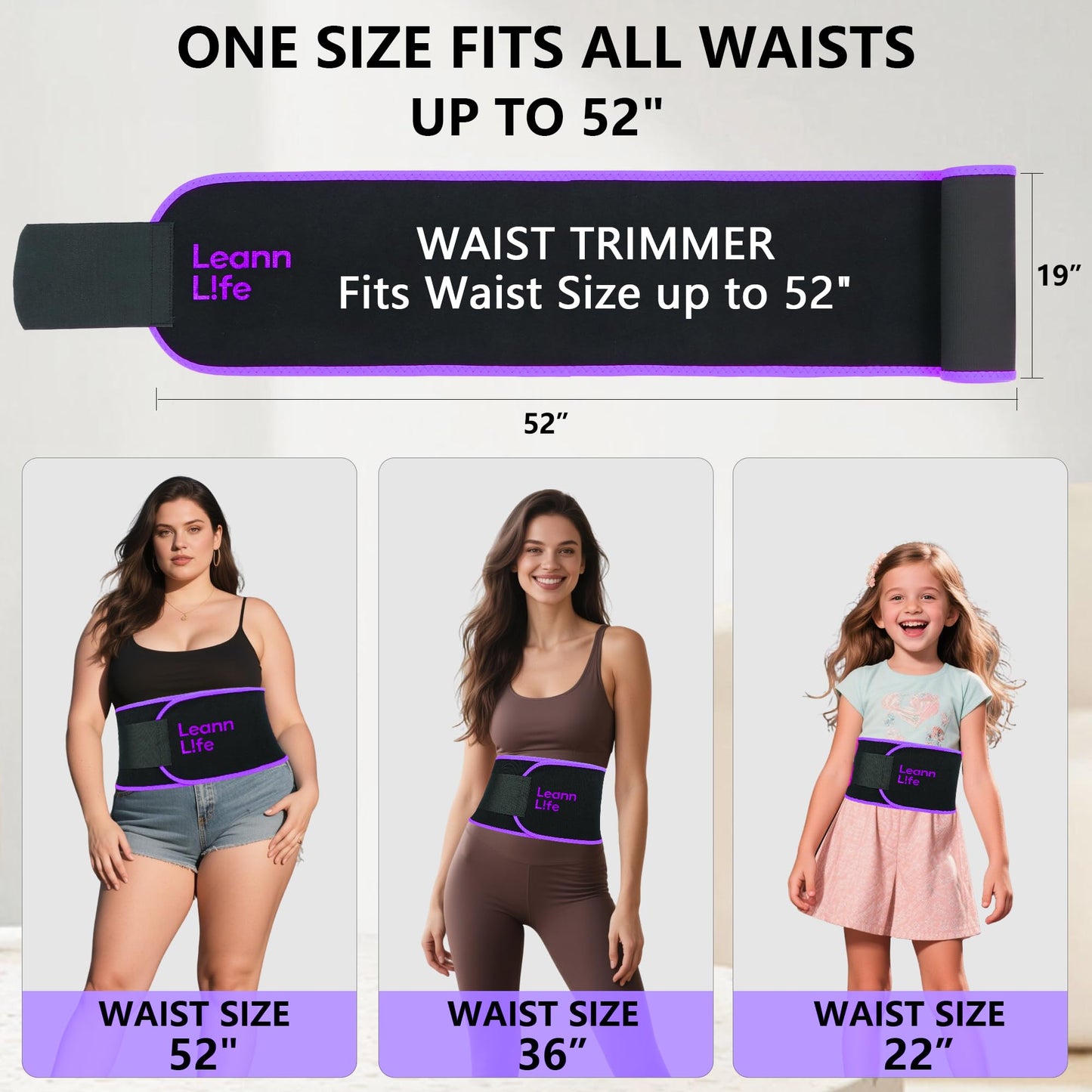 Leann L!fe 52” Waist Trimmer for Slim Belly, Premium Sweat Band Enhancing Fitness Belt for Weighted Hula Hoop Weight Loss, Waist Trainer Women and Men, Stomach Sweat Wrap, Black/Purple