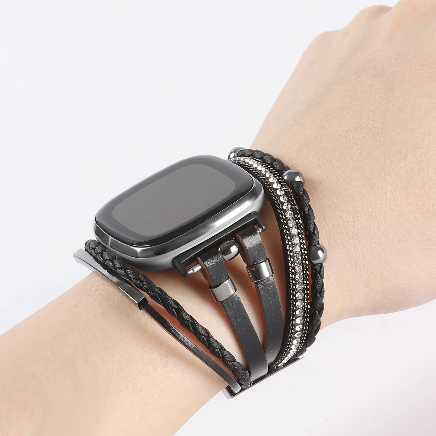 Posh Leather Bands Compatible with Fitbit Versa 3/Fitbit Sense, Women Boho Stylish Multilayer Wrap Bracelets Wristband, Handmade Adjustable Jewelry Strap for Sense/Versa 3 Smart Watch (Black)