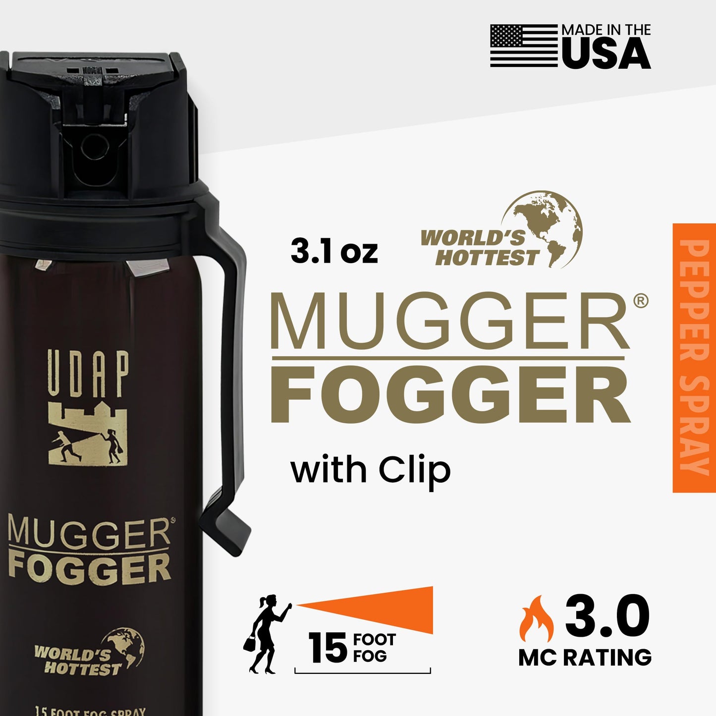 UDAP Pepper Power Mugger Fogger Hot OC Compact Self Defense Pepper Spray for Women, Men, and Runners, Powerful Blast Pattern, 15 ft Fog Barrier, 6MF, 3.1 oz
