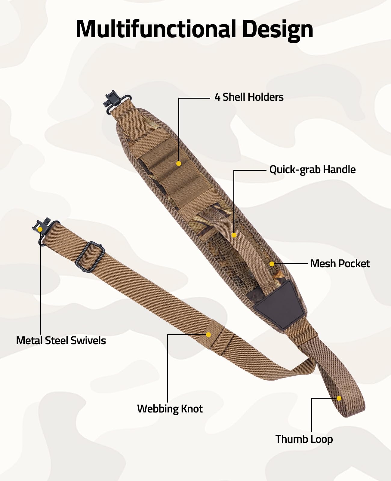 CVLIFE Two Point Sling with 4 Shell Holders and Quick-Grab Handle Shotgun Sling,Wide Shoulder Straps Rifle Sling with Thumb Loop Adjustable Length Khaki