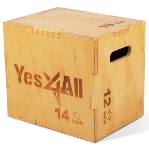 Yes4All Plyo Box, 3-in-1 Wooden Box Jumps for Home Gym (12/14/16 in), 450 lbs Boxes Step Up with Smooth Edges & Wide Built-In Handles for Jumping, Strength Training, Lunges, Squats, Dips