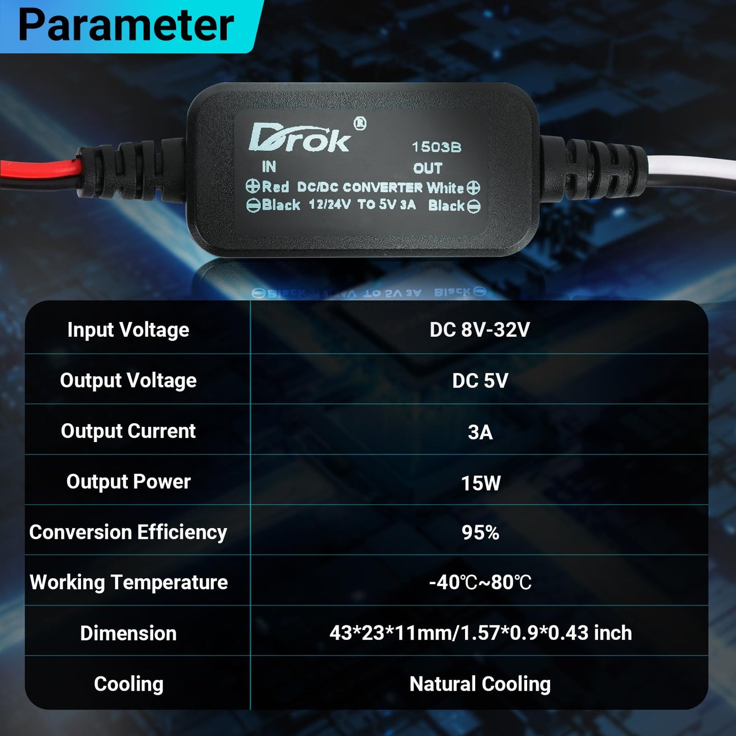 DROK 12V to 5V Converter, DC 8-32V to 5V Buck Converter 12V DC Power Supply 3A, Voltage Regulator for RV Solar Panels