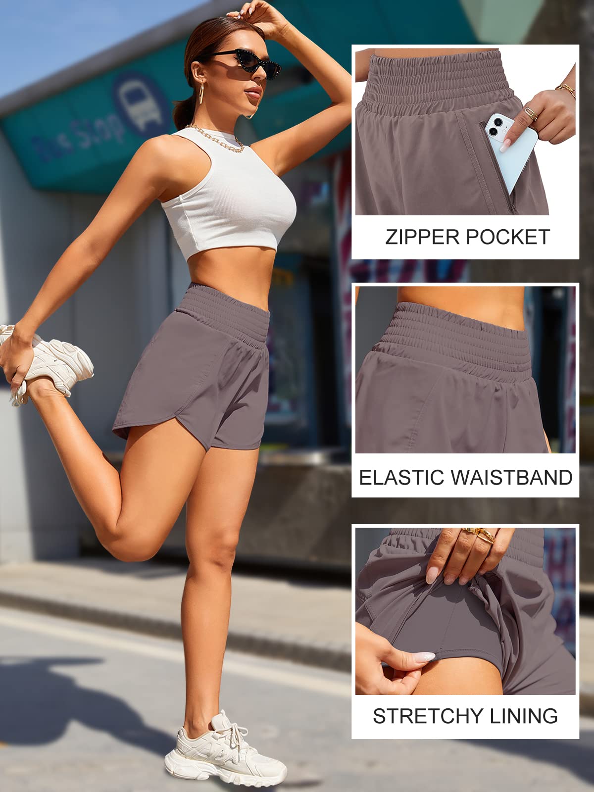 BMJL Women's Athletic Shorts High Waisted Running Short Pocket 2.5" Sporty Shorts Gym Elastic Workout Shorts(XXL,Coffee)