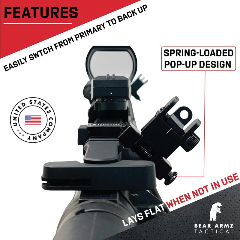 45 Degree Offset Flip Up Iron Sights | American Company | Spring Loaded | Rapid Transition Front & Rear Iron Sights | Back Up Sights | BUIS for Picatinny Rail and Weaver Rails