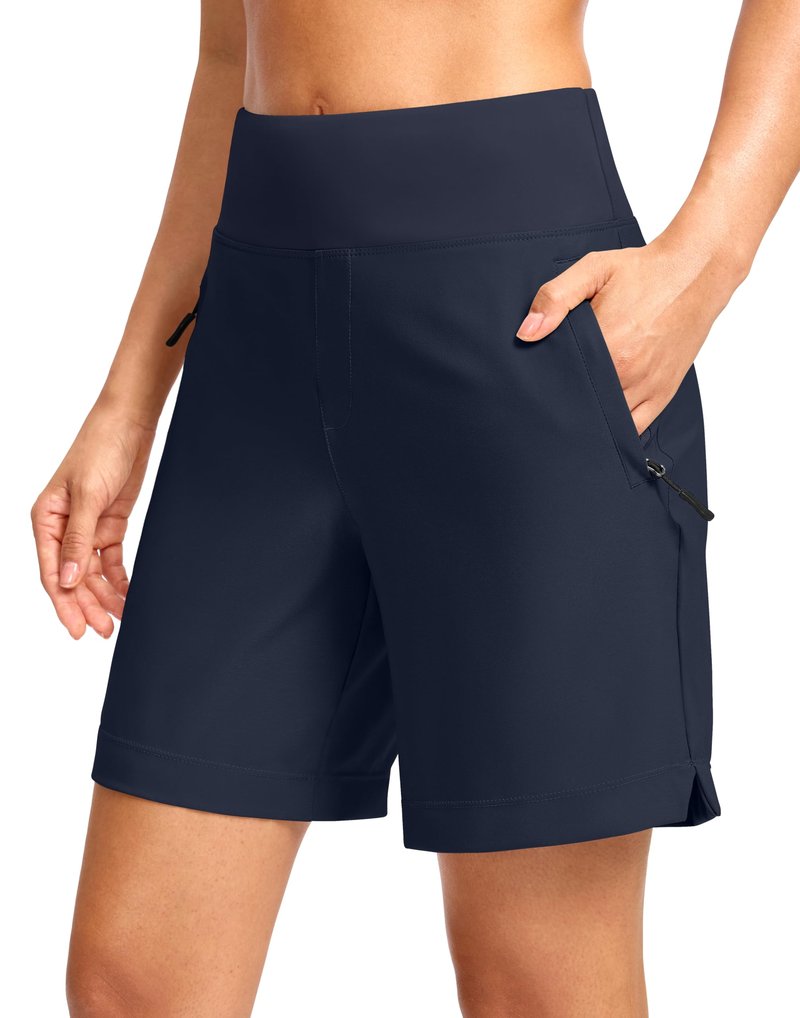 SANTINY Women's 5''/ 7''Hiking Shorts with 3 Zipper Pockets Lightweight Quick Dry Golf Shorts for Women Athletic Walking (Navy_7-L)