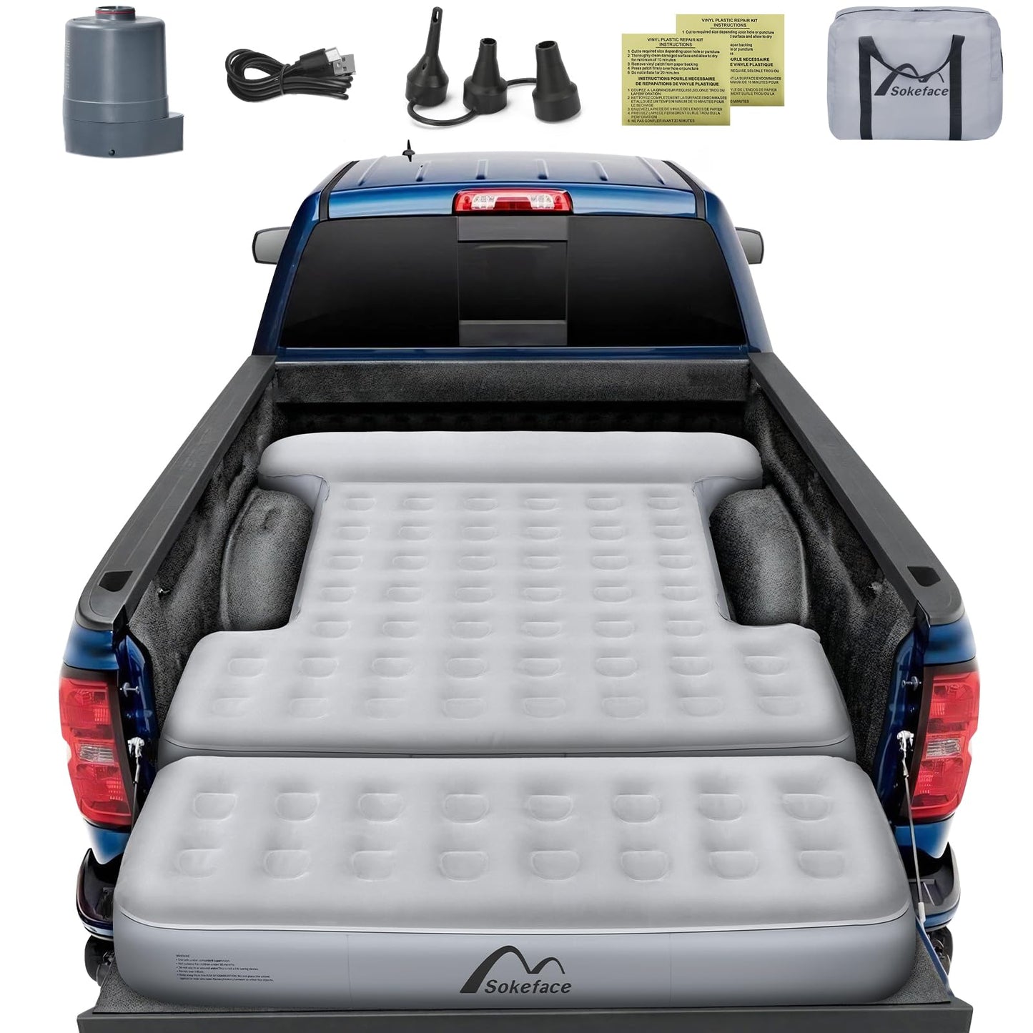 Sokeface Truck Bed Mattress 5.5-5.8ft for Full Size Pickup, Brown Truck Bed Air Mattress Fit for F150 Silverado, Leak-Resistant Camping, Electric Pump, Heavy-Duty, Easy Setup, Large Carry Bag