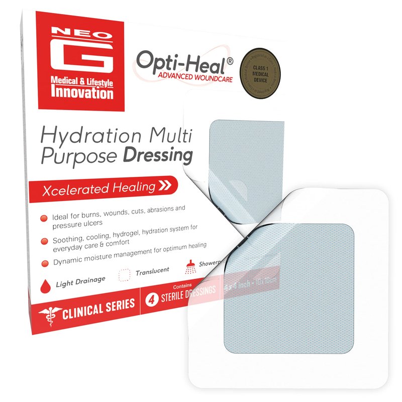 Neo G Opti-Heal Hydration Multi Purpose Dressing - Hydrogel Wound Dressing Pads for Advanced Wound Management - Ulcer Dressing, Bed Sore Bandages, Diabetic Wound, Burn Dressing Gel 4 x 4-4 Pcs