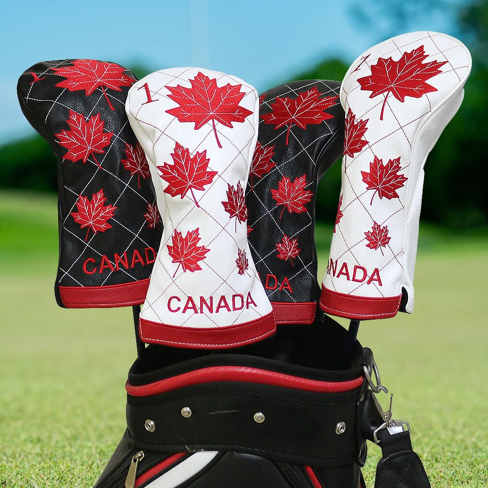 PINMEI Golf Club Head Cover for Driver Headcovers Canada Flag Driver Head Covers Golf Club Covers for Wood Headcover for Scotty Cameron Taylormade Titleist Odyssey (Black)