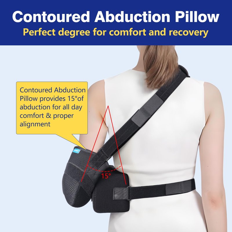 Abducted Shoulder Sling Immobilizer, Padded Rotator Cuff Support Brace with Removable Abduction Pillow and Exercise Ball for Right or Left Arm Pain Relief From Post-Surgery Recovery and Subluxation
