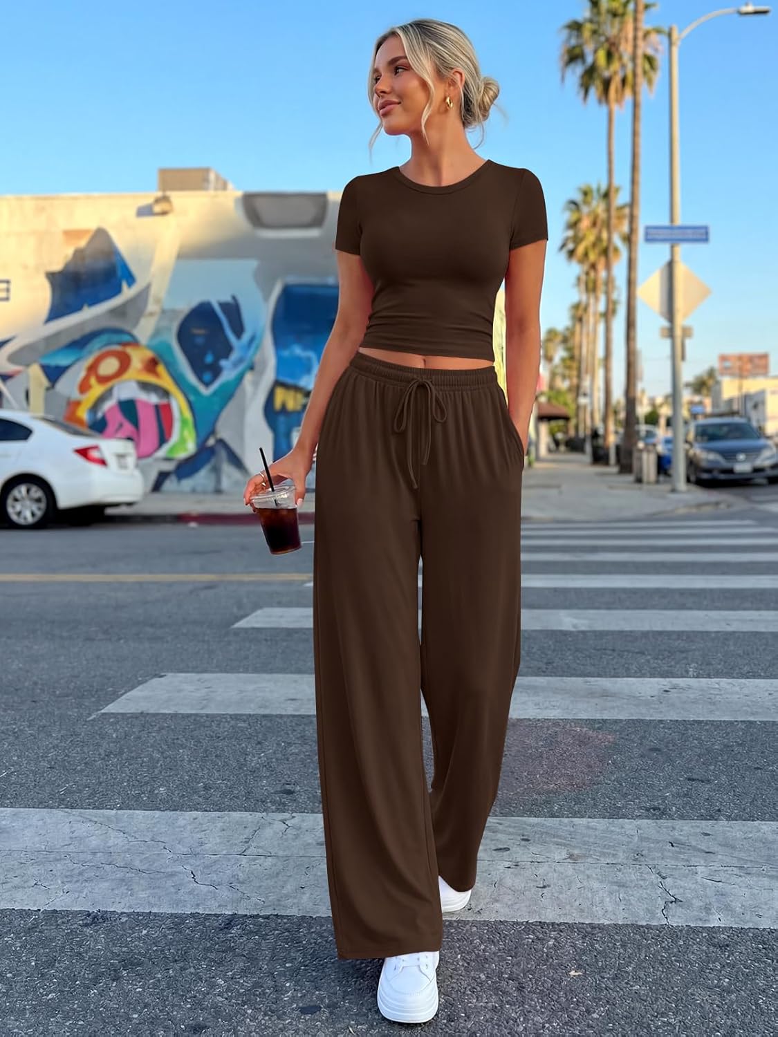 Trendy Queen 2-Piece Summer Lounge Set - Women's Wide Leg Pants & Ruching Crop Top
