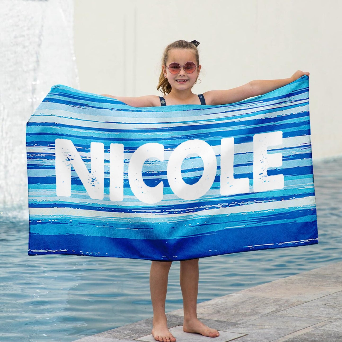 Dreamdecor Kids Personalized Beach Towel with Name, Striped Custom Beach Towels for Swimming Pool Vacation, Microfiber Sand Free Fast Drying Beach Towel - Easter Gift for Adults Women Men Kids