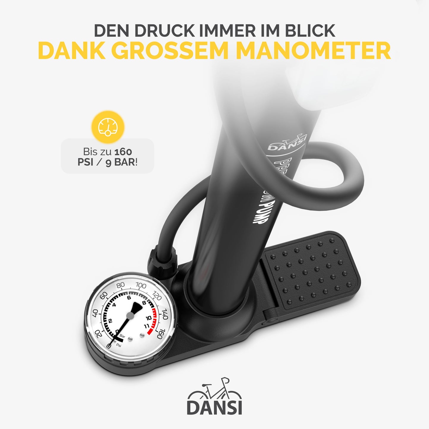DANSI Bike Floor Pump with Gauge, Floor Bicycle Pump with Both Presta and Schrader Bicycle Pumps Valves High Pressure 180Psi Multi-Purpose Portable Air Pump for Road Bike MTB Sports Balls