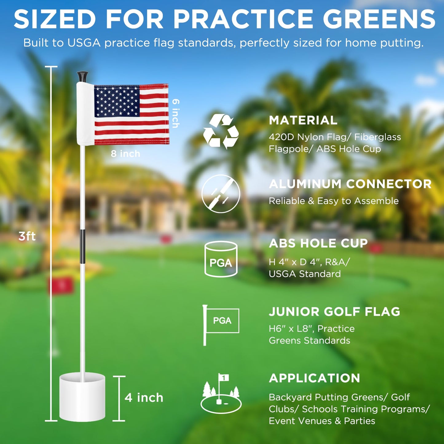 KINGTOP American Golf Flagstick Mini, Double-Side USA Golf Flag, Practice Putting Green Flags for Yard, Chipping Golf Pin Flag Hole Cup Kit, Portable 2-Section Design All 3 Feet, Gift Idea, 4-Pack