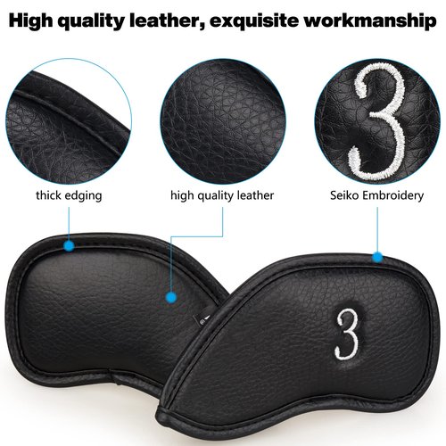 Left Handed Iron Covers Golf Club Iron Covers Black Leather Golf Iron Headcovers Set Left Handed Iron Covers for Golf Clubs Sliver Number Embroidery 12pcs/Set