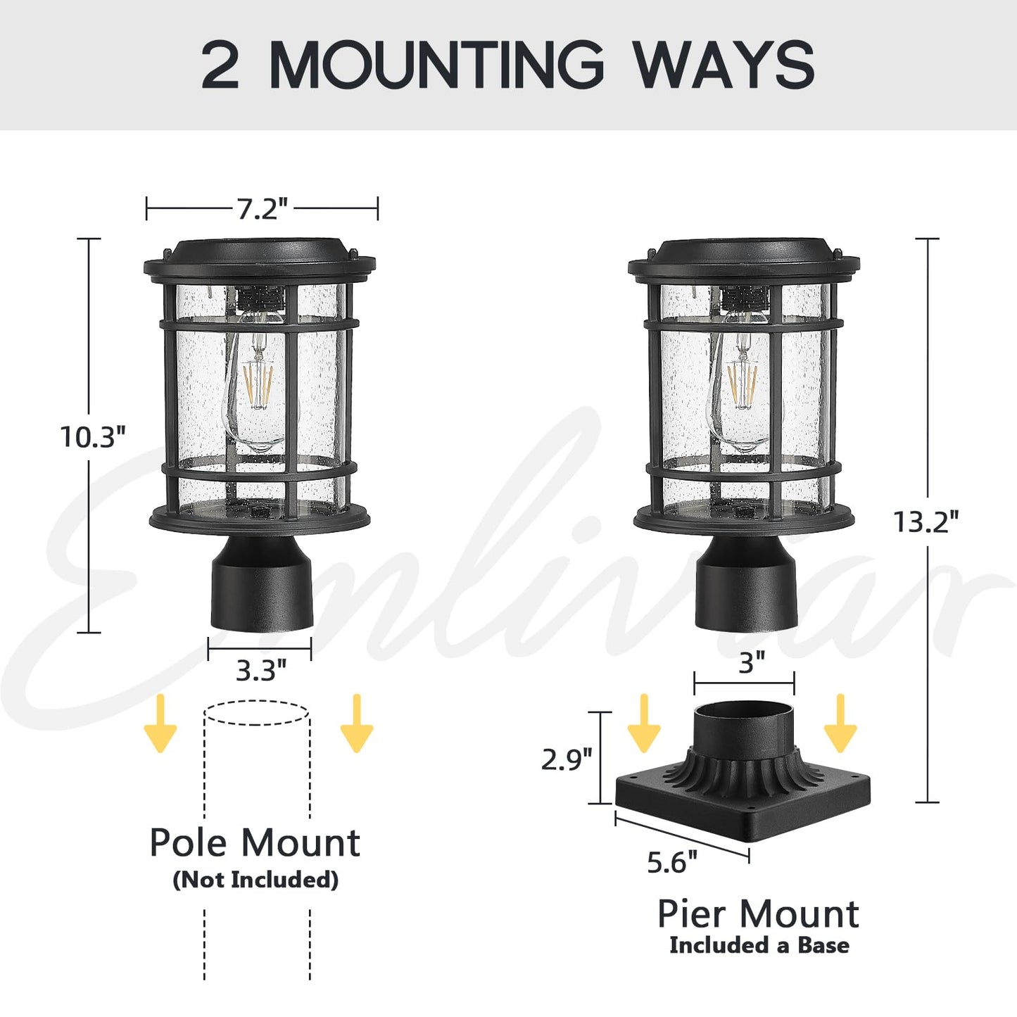 Emliviar 13 Inch Outdoor Solar Post Light, Dusk to Dawn Post Lighting Fixture with Remote Control, Removable Pier Mount with Seeded Glass, XE229P-SL BK