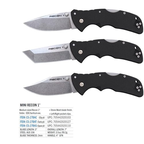 COLD STEEL Mini Recon 1 3" AUS10A Tanto Point Blade 4" GFN Handle Folding Knife w/Tri-Ad Lock, Ambidextrous Pocket/Belt Clip